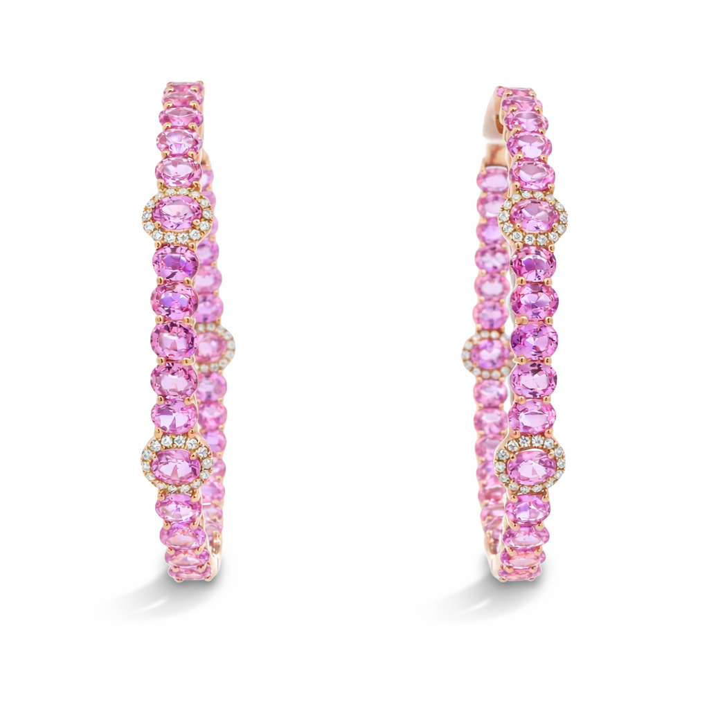 LARGE PINK SAPPHIRE & DIAMOND HOOPS