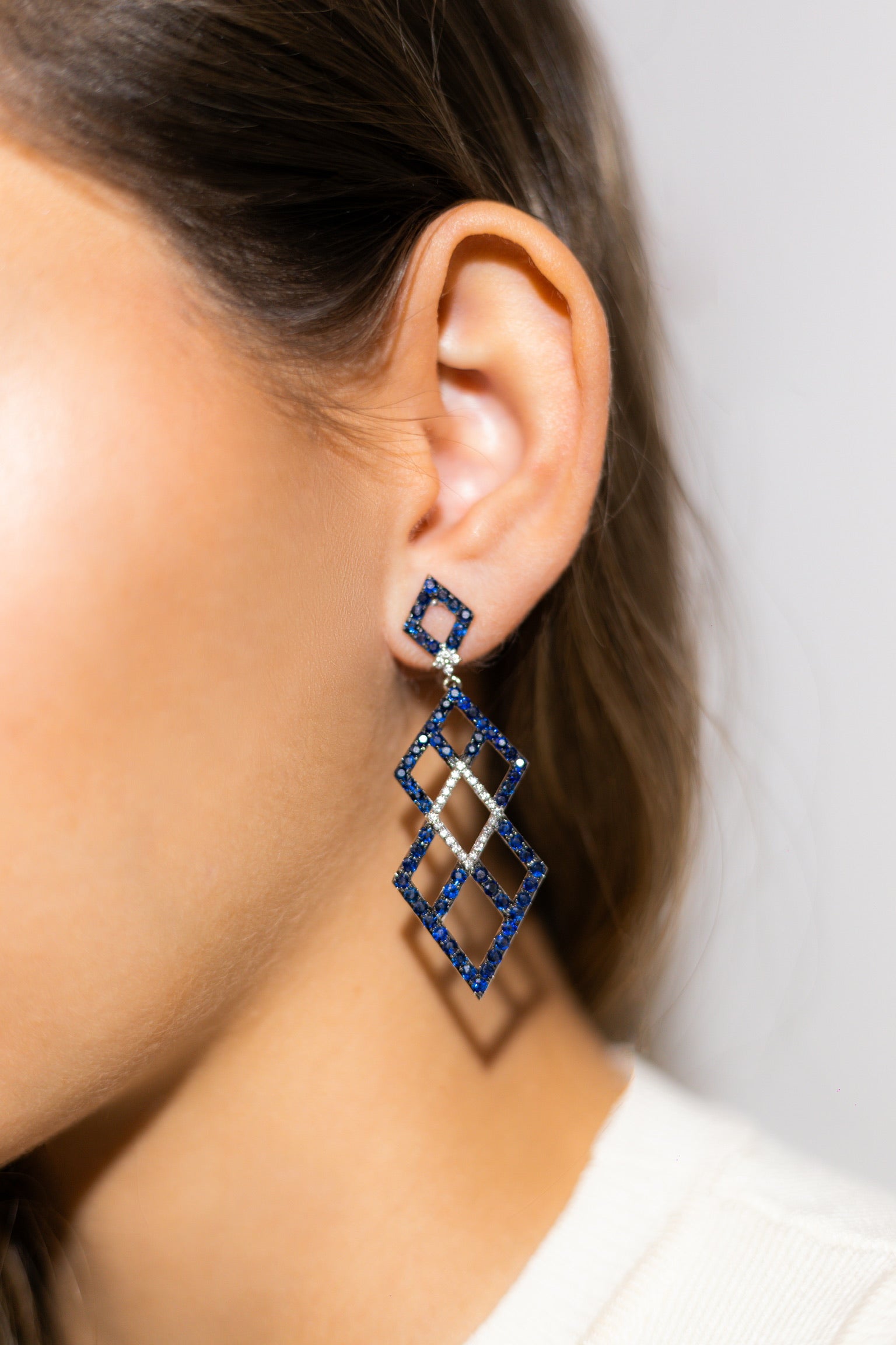 LONG GEOMETRIC SAPPHIRE AND DIAMOND EARRINGS