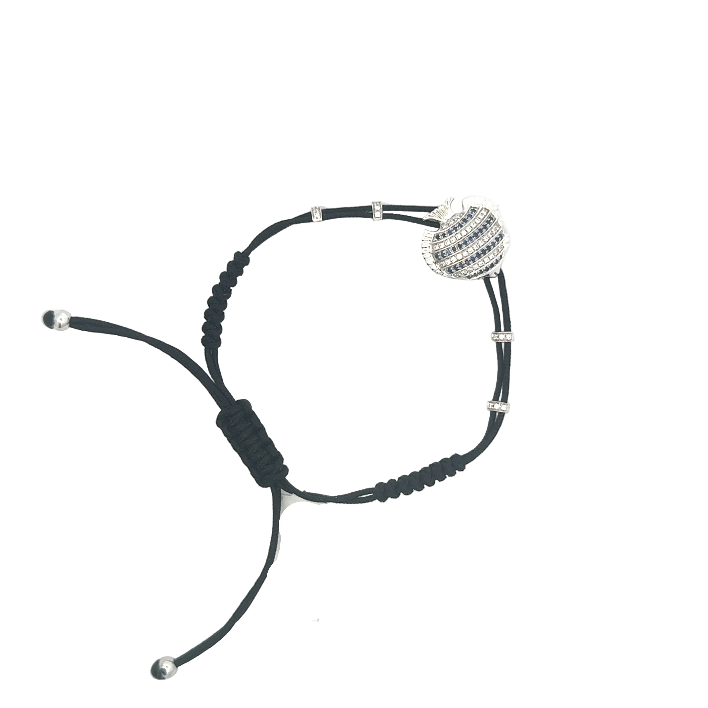 Black braided bracelet with a silver charm on a white background