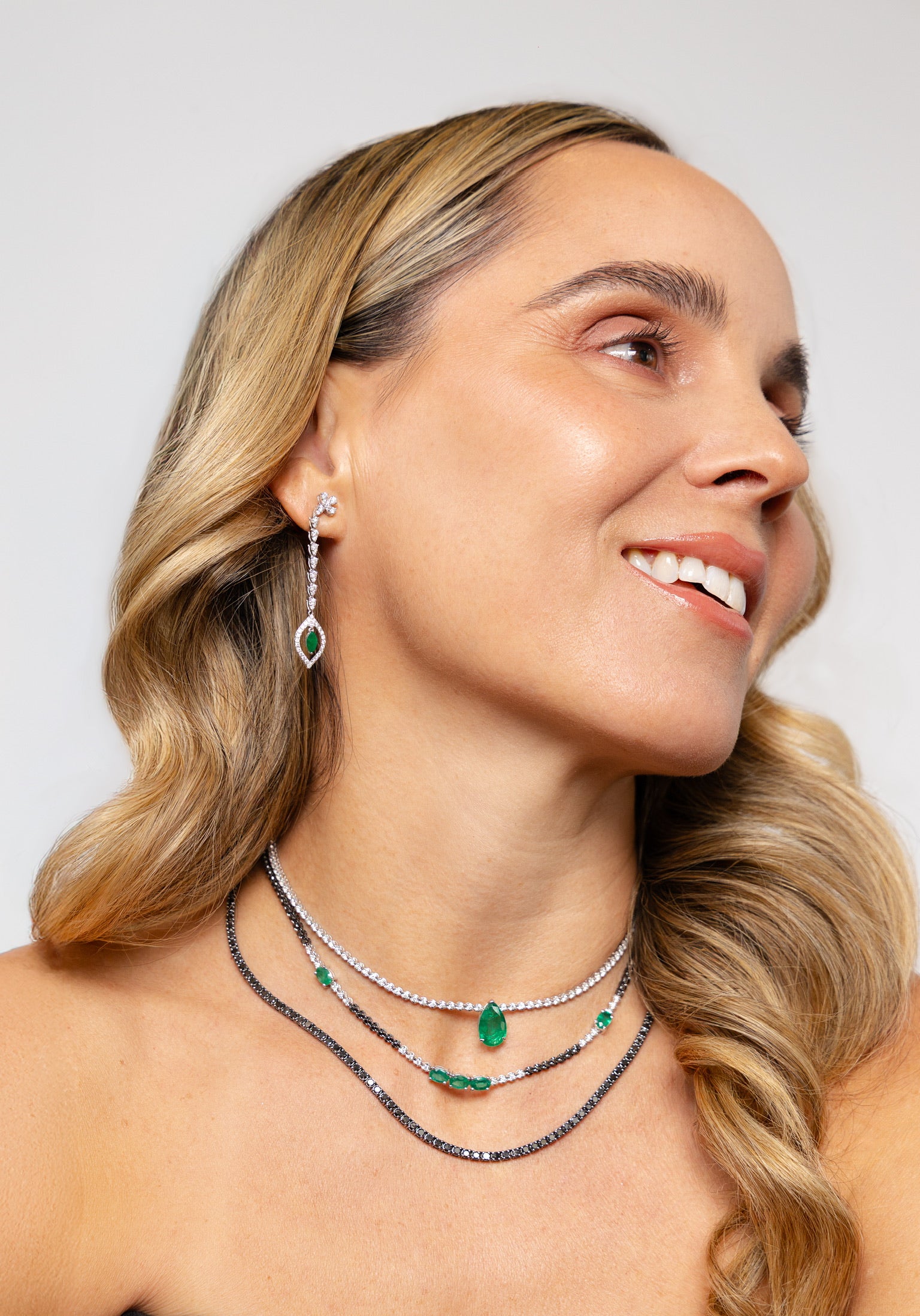 LONG DIAMOND AND EMERALDS DANGLE EARRINGS