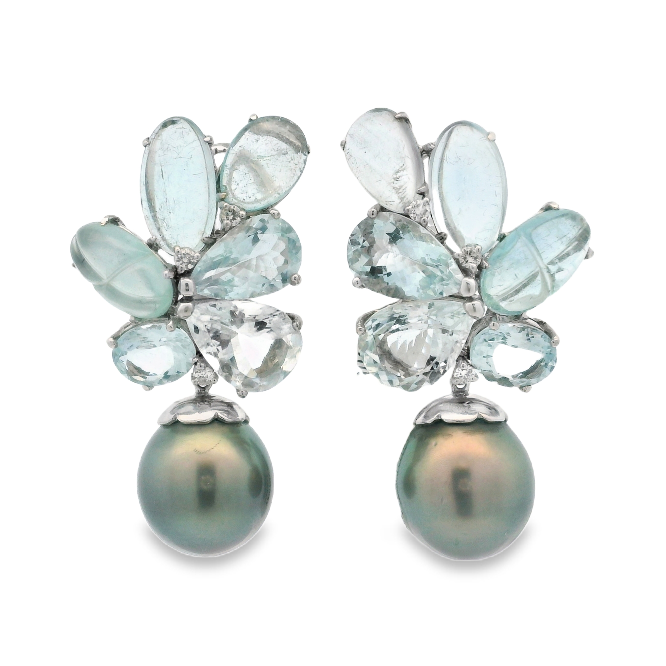 TAHITIAN PEARL & AQUAMARINE CLUSTER DROPS