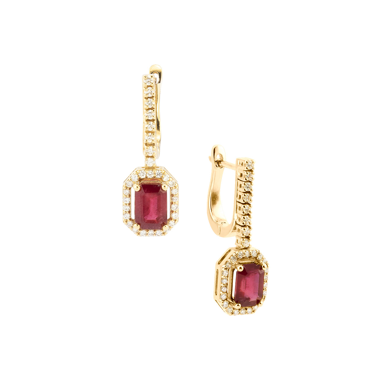 YELLOW GOLD RUBY BAGUETTE DIAMOND DANGLES