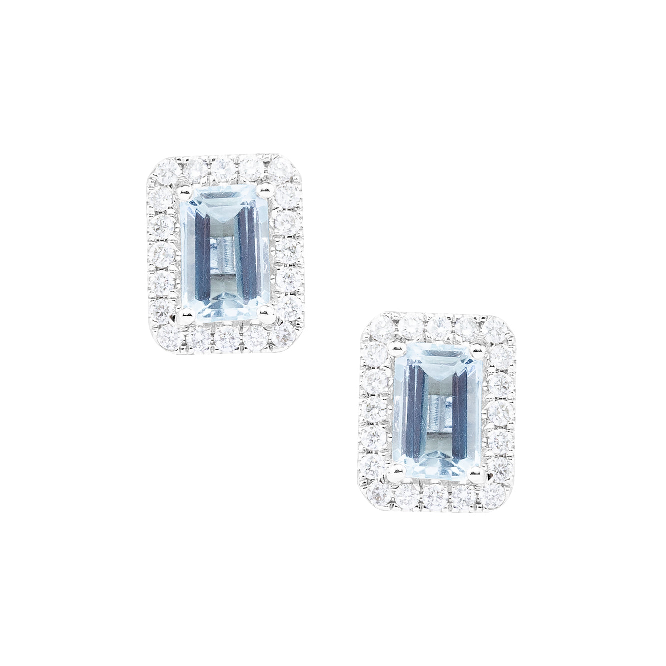 WHITE GOLD, DIAMOND AND AQUAMARINE SQUARE STUDS.