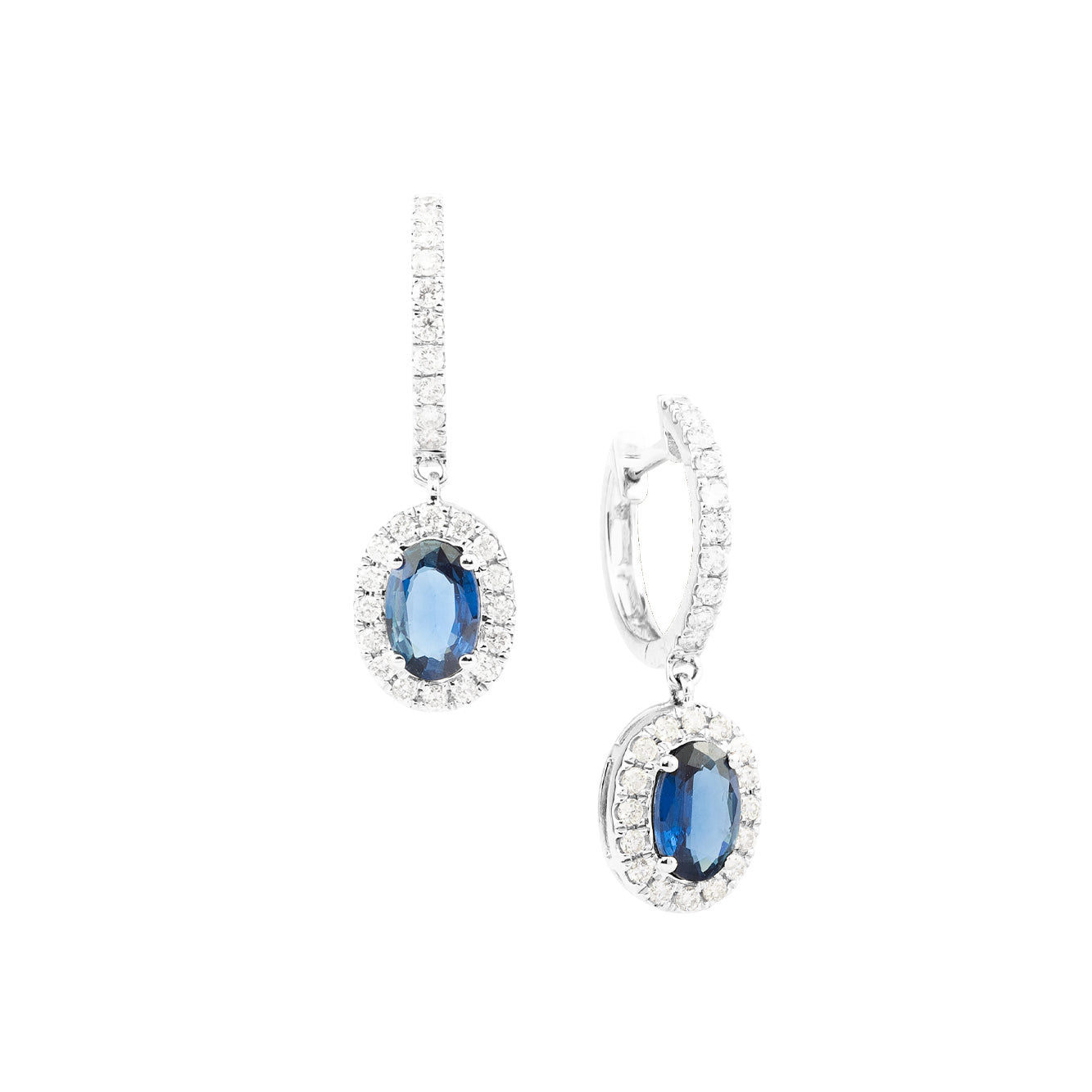 WHITE GOLD, DIAMOND AND BLUE SAPPHIRE DANGLE EARRINGS.