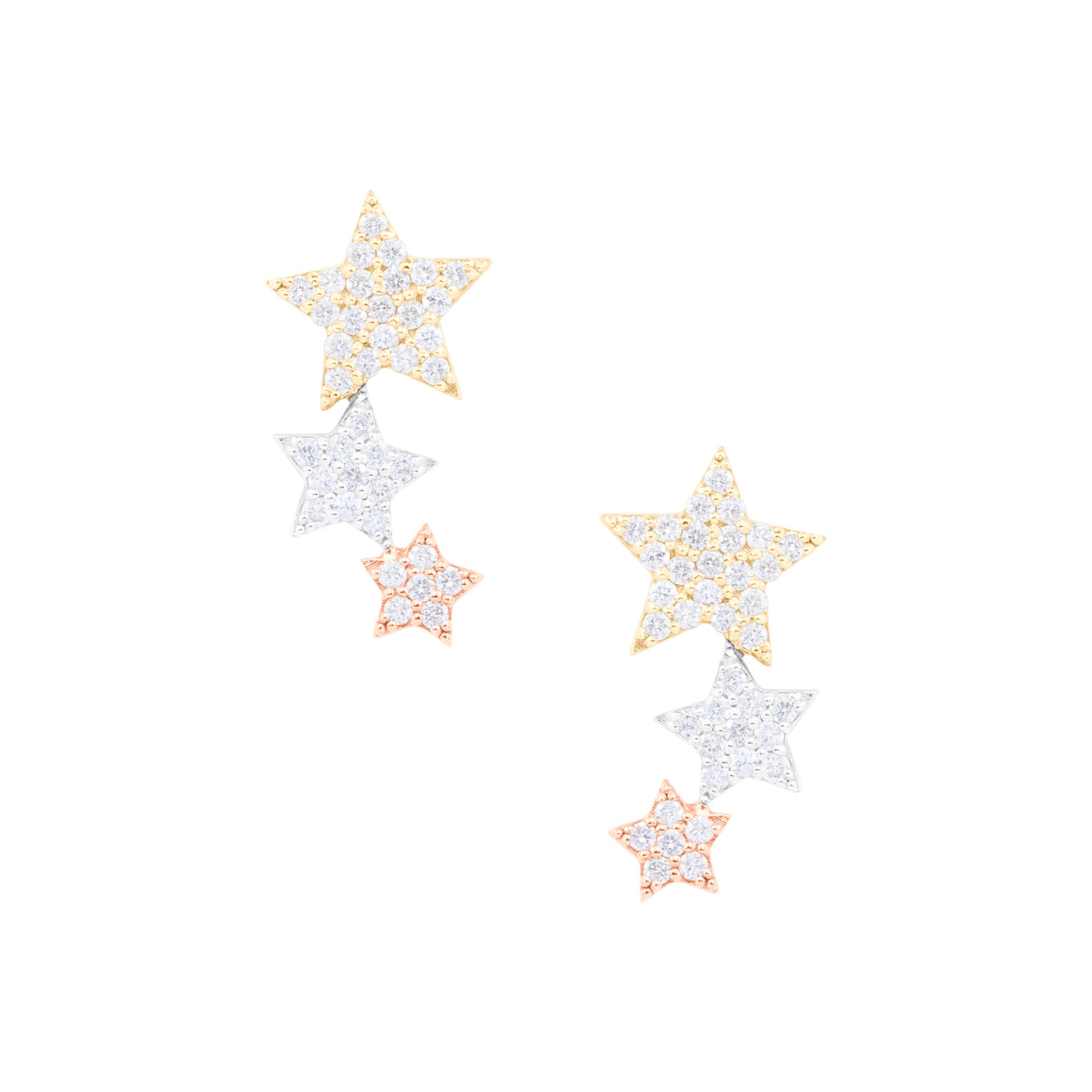 TRICOLOR GOLD AND DIAMOND STAR STUDS.