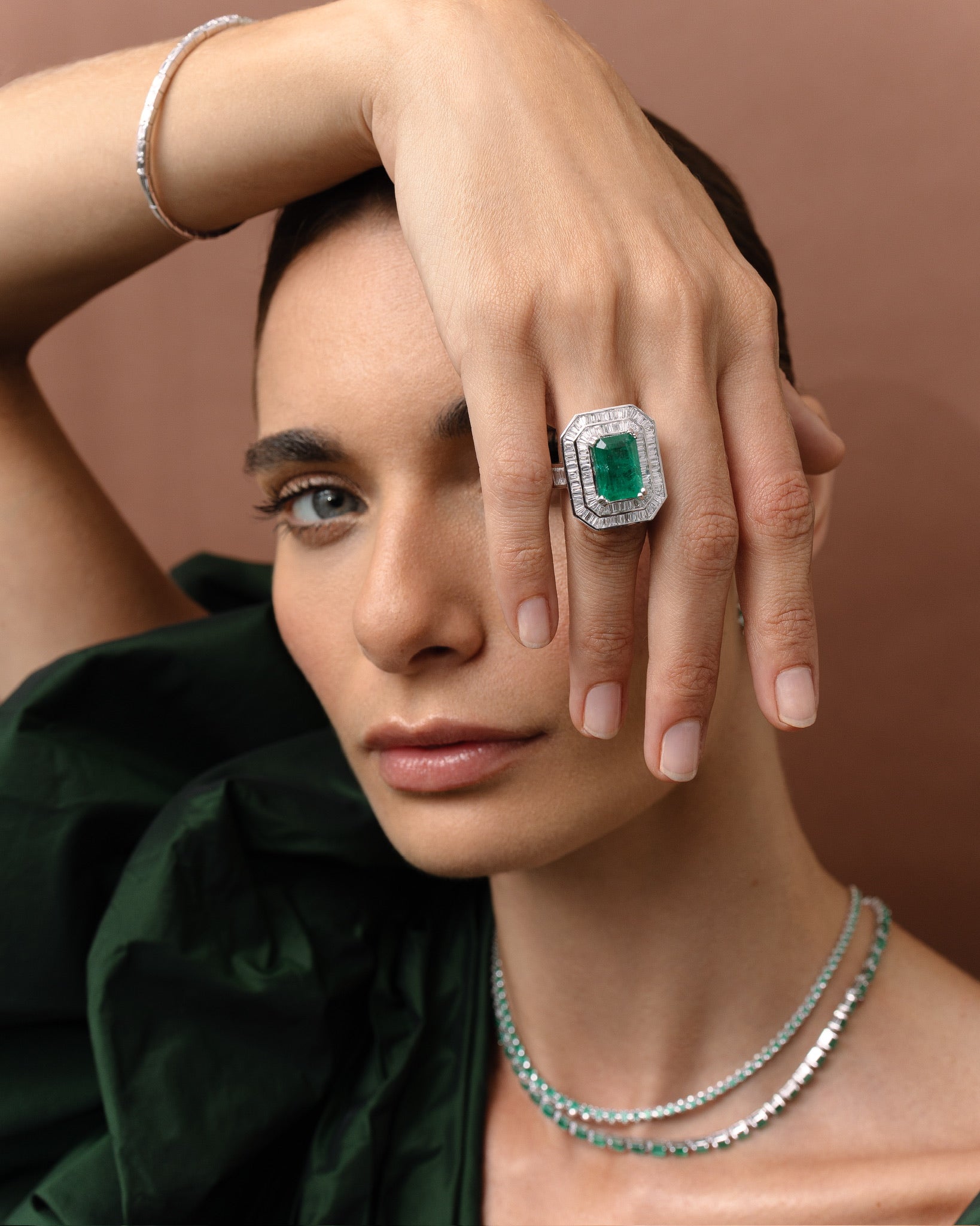 MODERNE EMERALD AND DIAMOND COCKTAIL RING