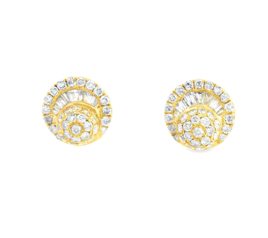 YELLOW GOLD BALL EARRINGS WITH SUN-STYLE BAGUETTES