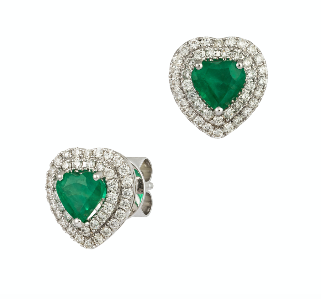 EMERALD HEARTS WITH DOUBLE DIAMOND LAYER