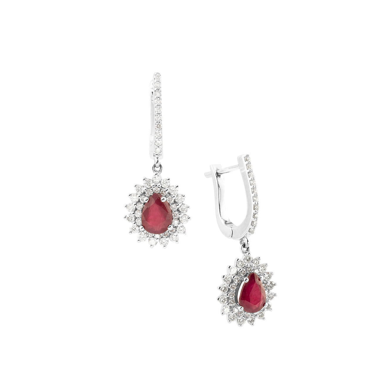 WHITE GOLD AND RUBY DROP EARRINGS.