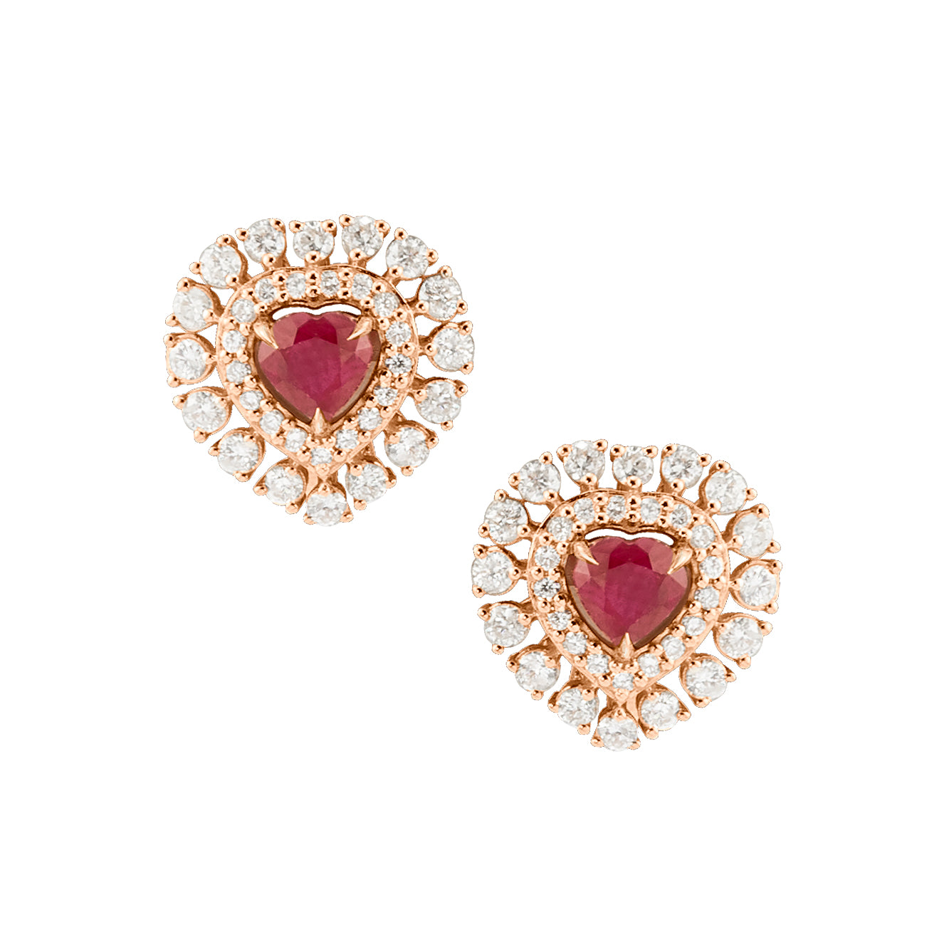 ROSE GOLD, DIAMOND AND RUBY HEART-SHAPPED EARRINGS