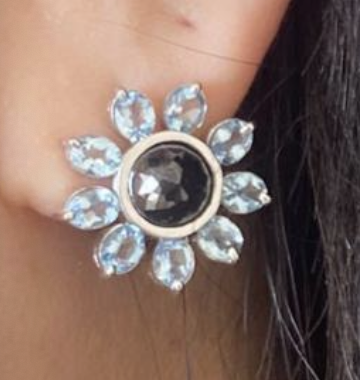 LARGE FLOWER EARRINGS WITH BLACK DIAMONDS AND AQUAMARINES