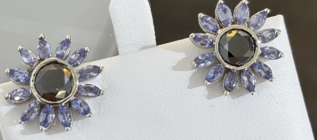 LARGE FLOWER EARRINGS WITH BLACK DIAMONDS AND TANZANITE