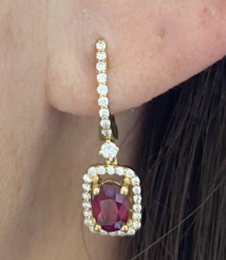 YELLOW GOLD RUBY BAGUETTE DIAMOND DANGLES
