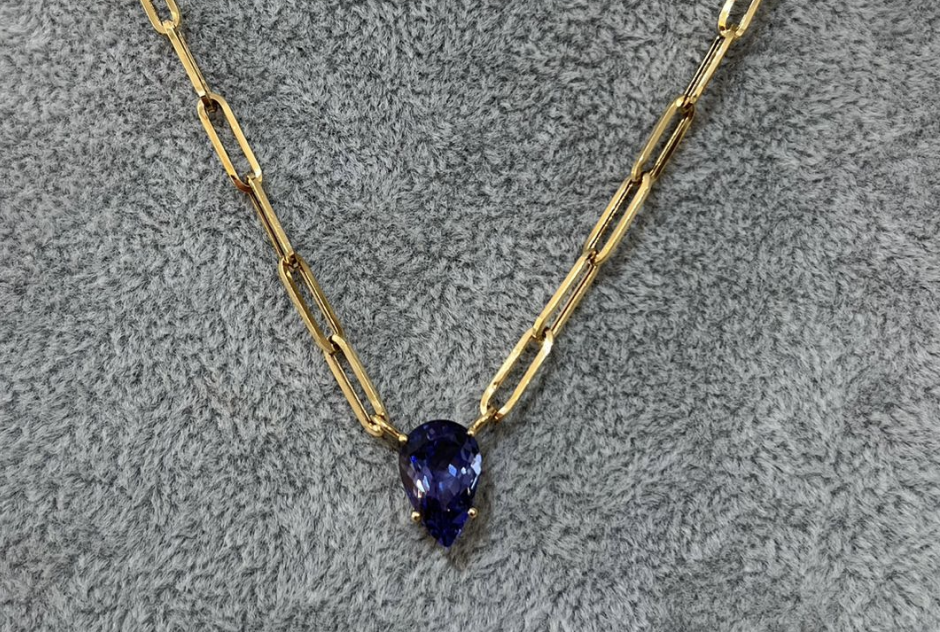 YELLOW GOLD TANZANITE DROP LINK NECKLACE